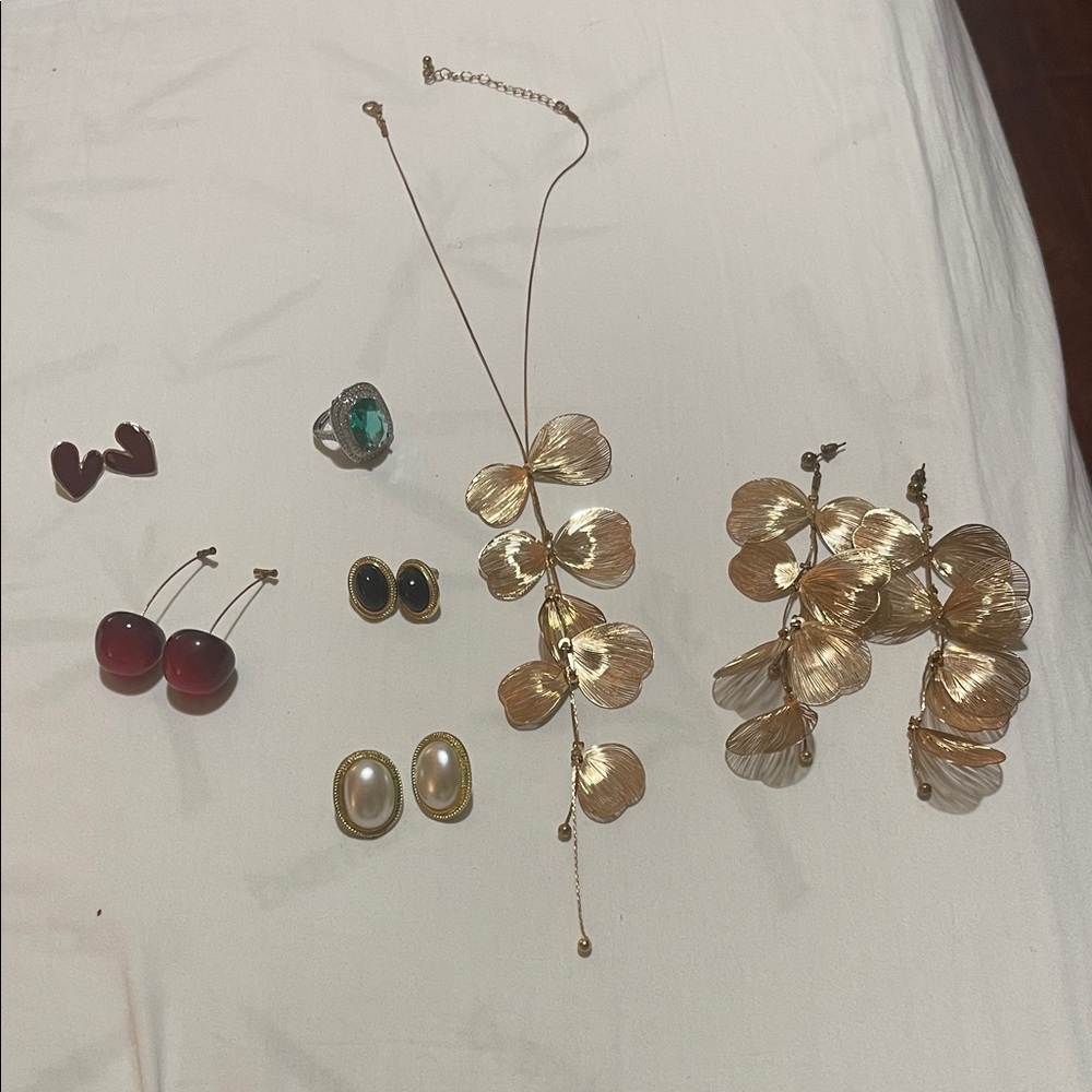 Jewelry Bundle – Gold Leaf Necklace, 5 Earrings, & Ring Set